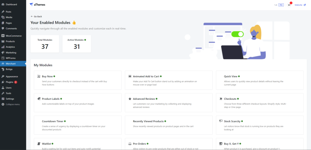 Merchant Pro's Your Enabled Modules Page, screenshot
