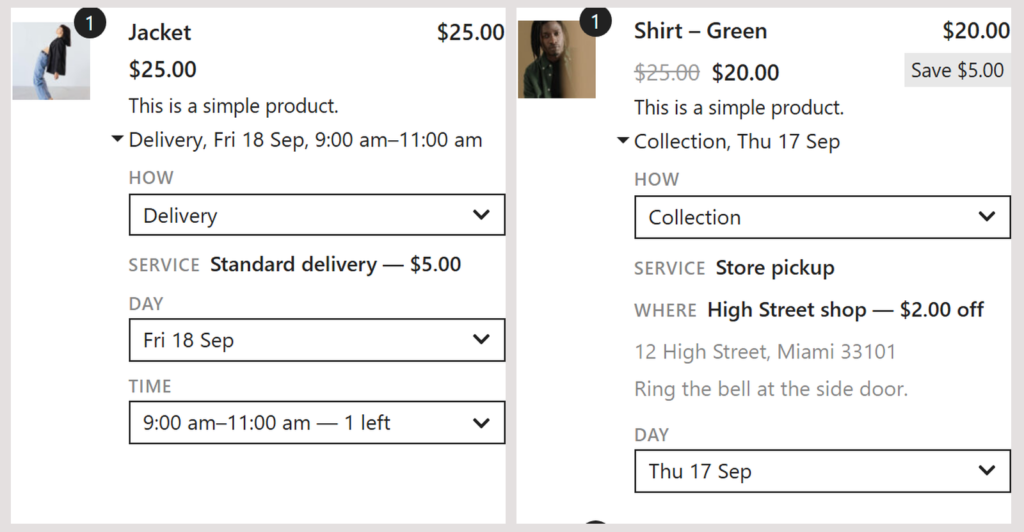 Delivery and collection options for two products at checkout