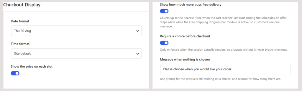 The Checkout Display settings of the Delivery & Pickup module