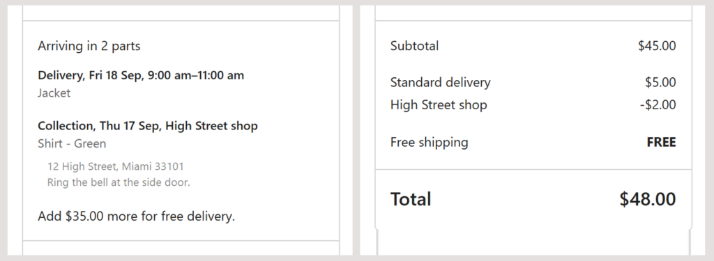 The order parts summary and the delivery fees in the checkout totals