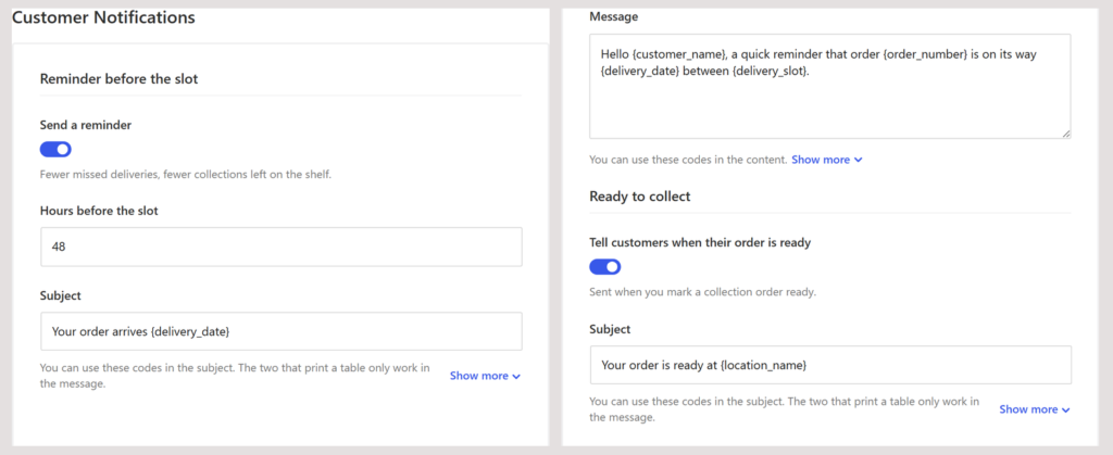 The reminder and ready to collect email settings