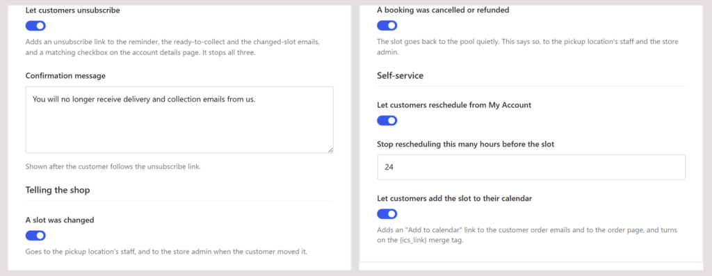 The unsubscribe, shop notification, and self-service settings