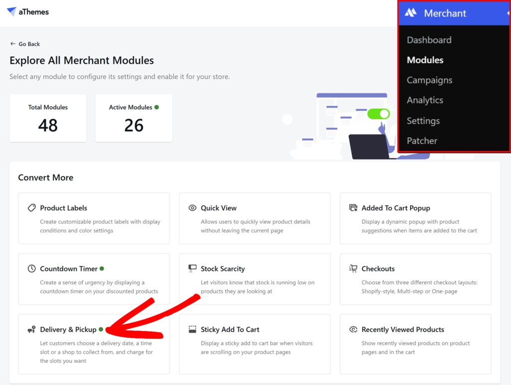 The Delivery & Pickup module in the Convert More section of the Merchant Modules page