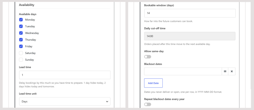 The Availability settings of a delivery schedule