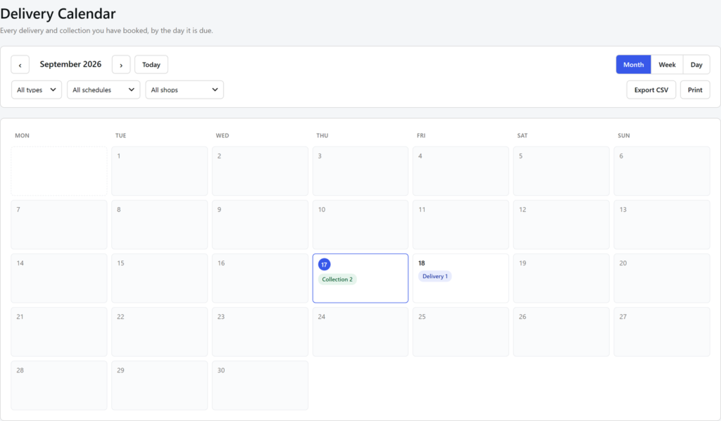 The month view of the Delivery Calendar