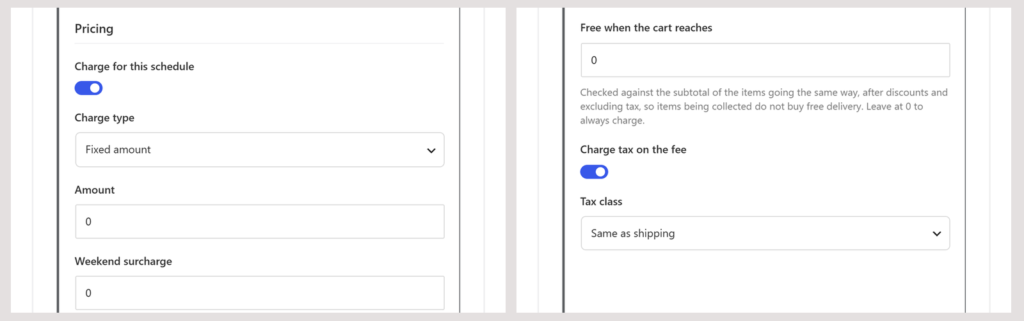 The Pricing settings of a delivery schedule