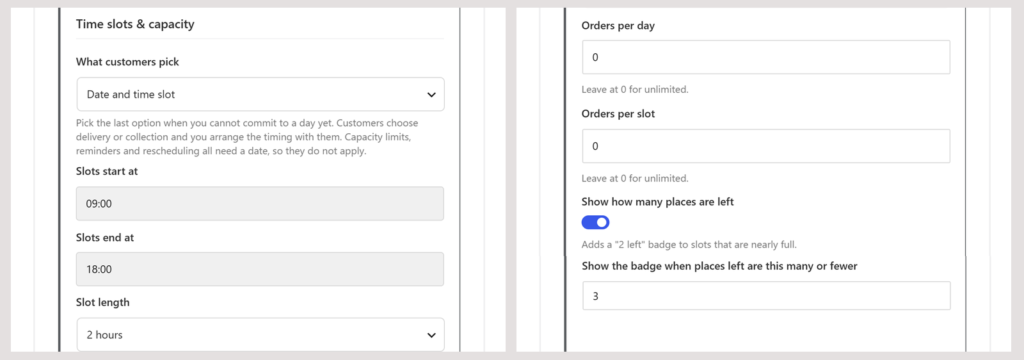 The Time slots and capacity settings of a delivery schedule