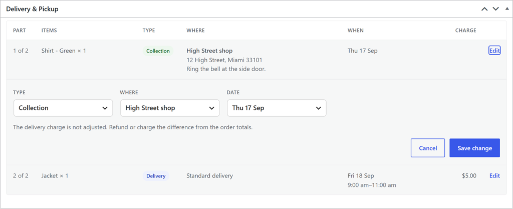 The Delivery & Pickup box on a WooCommerce order screen