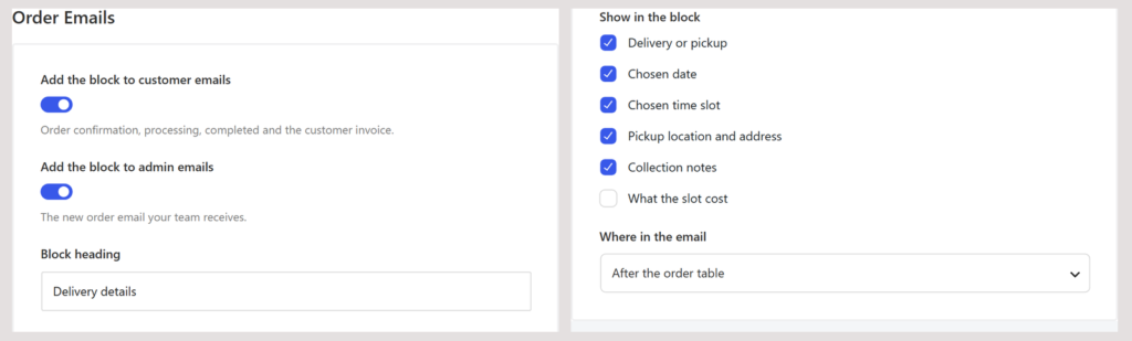 The Order Emails settings of the Delivery & Pickup module