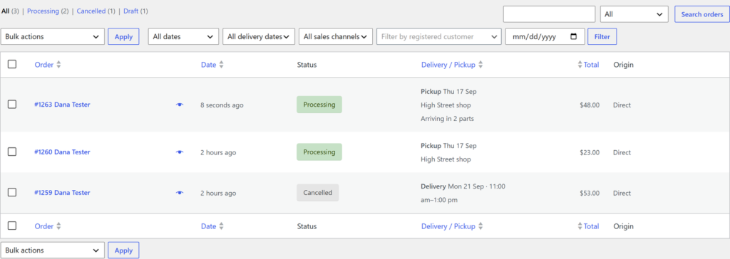 The Delivery / Pickup column and the delivery date filter on the WooCommerce orders list