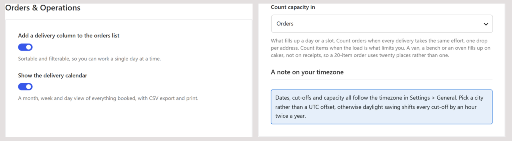 The Orders and Operations settings of the Delivery & Pickup module