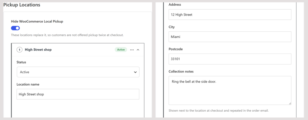 The name, address, and collection notes of a pickup location