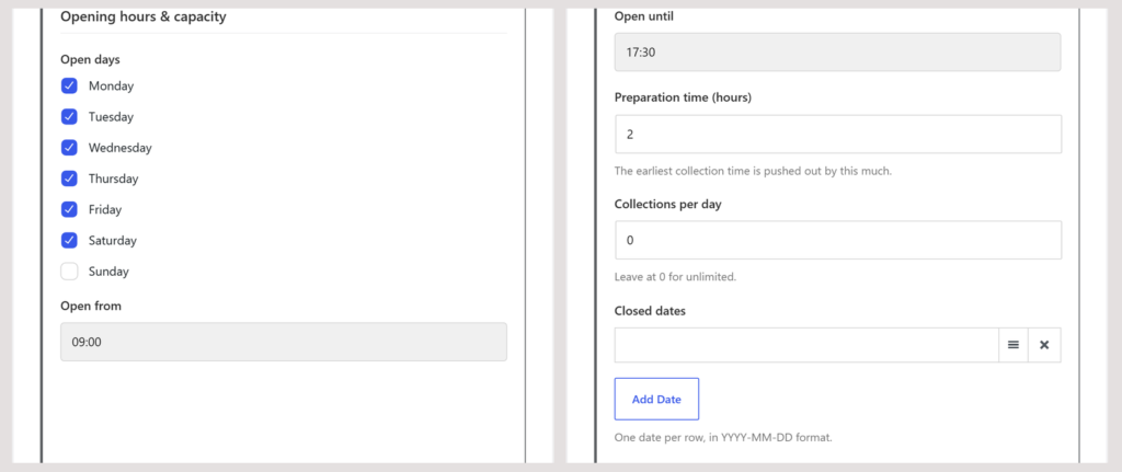 The opening hours and capacity settings of a pickup location