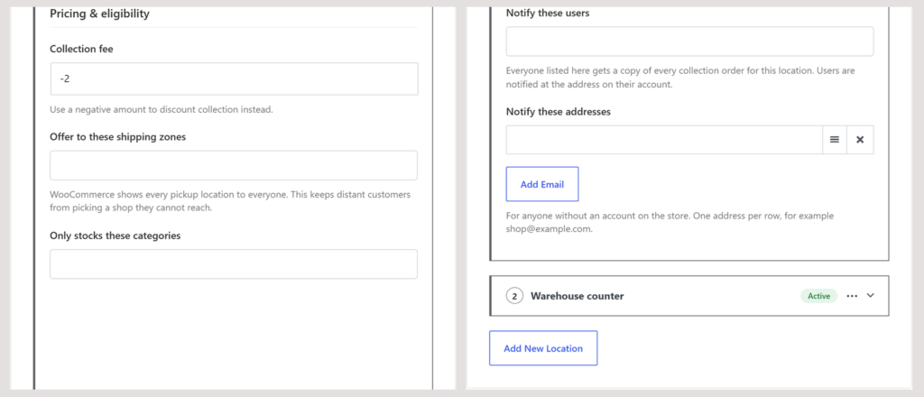 The fee, eligibility, and staff notification settings of a pickup location