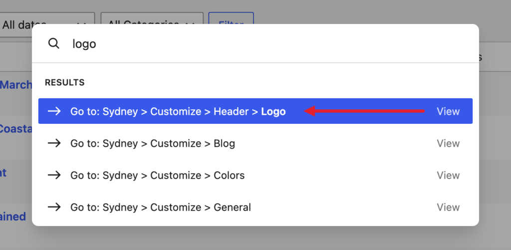 The Header > Logo shortcut at the top of the command palette results for logo