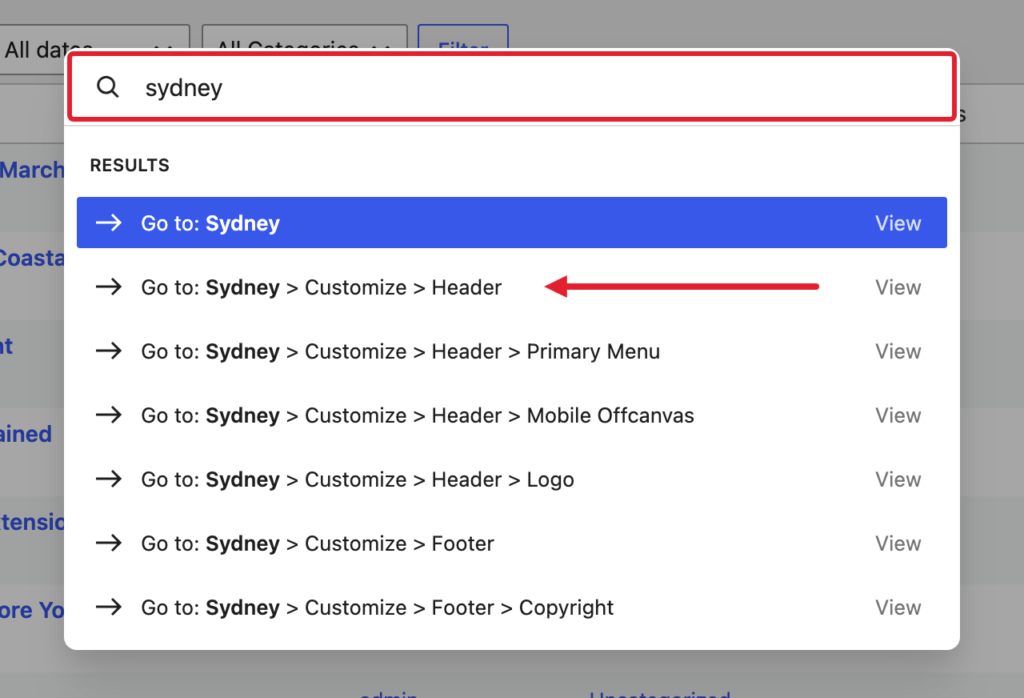 The command palette with sydney typed in the search box and the Sydney shortcuts in the results