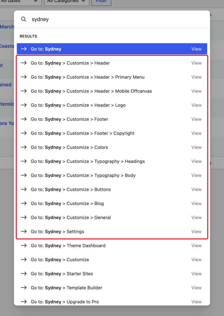 The full list of Sydney shortcuts in the command palette