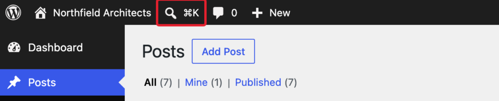 The command palette button in the WordPress toolbar