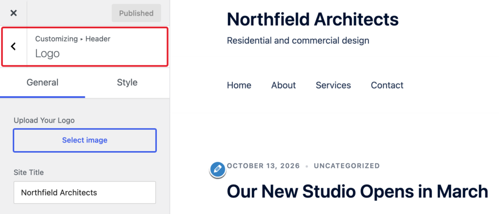The Logo section of the Customizer, opened by the Header > Logo shortcut