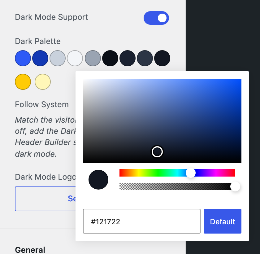 The color picker open on a Dark Palette color, with the Default button