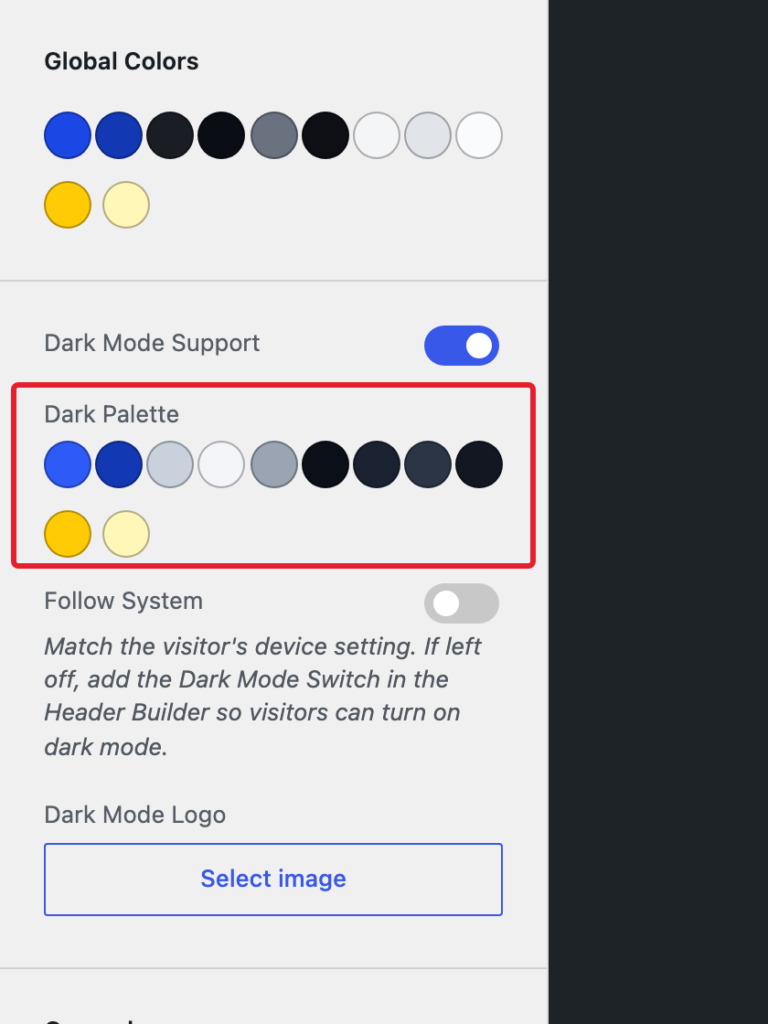 The Dark Palette below the Dark Mode Support toggle