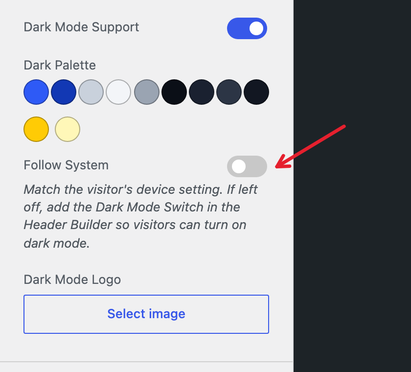 The Follow System toggle in the Dark Mode settings
