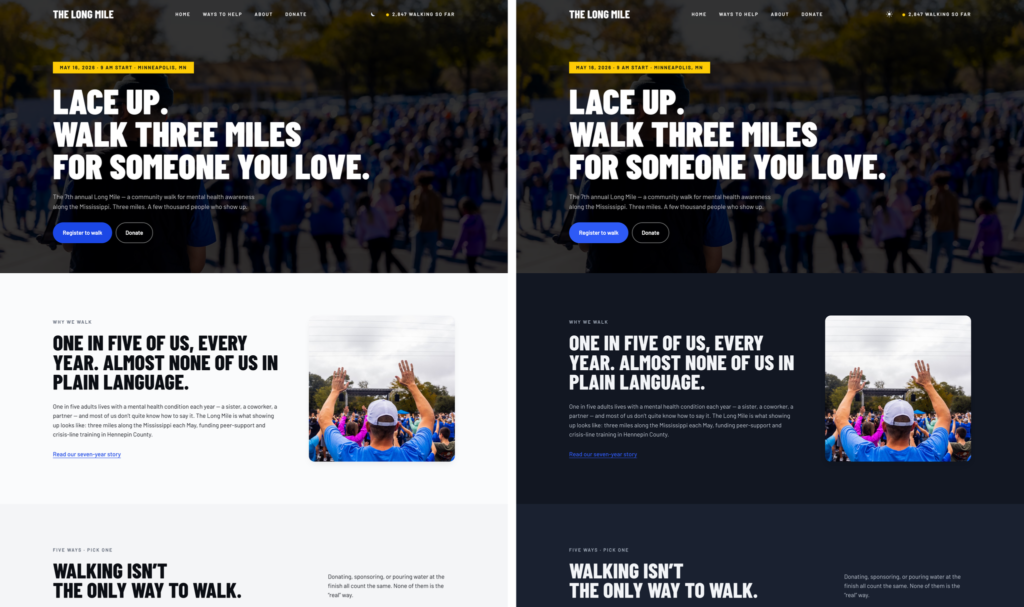 The same page in light mode and in dark mode