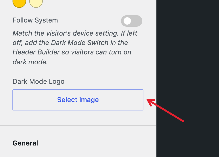 The Select image button under Dark Mode Logo