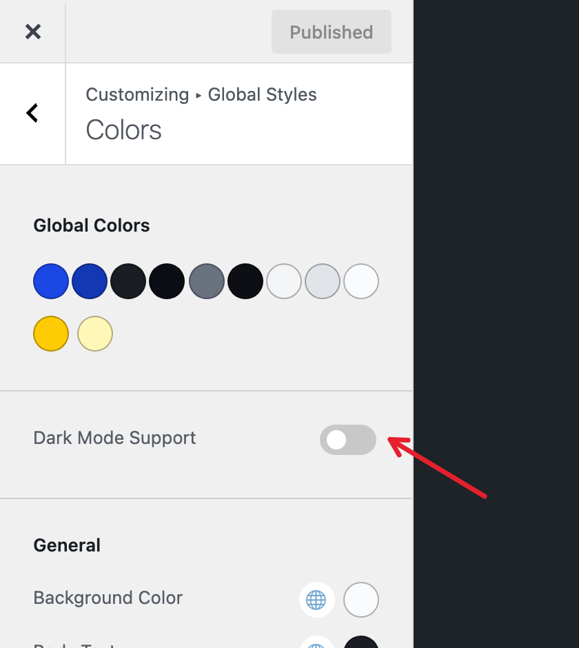 The Dark Mode Support toggle in the Colors section of the Customizer