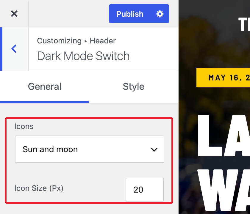 The Icons and Icon Size settings on the General tab of the Dark Mode Switch