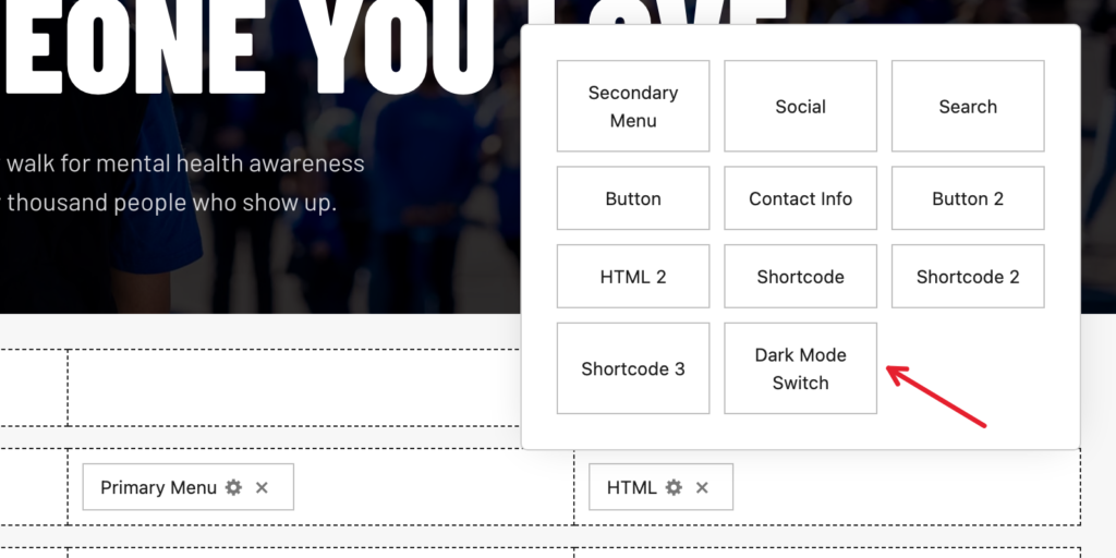 The Dark Mode Switch component in the Header Builder component list
