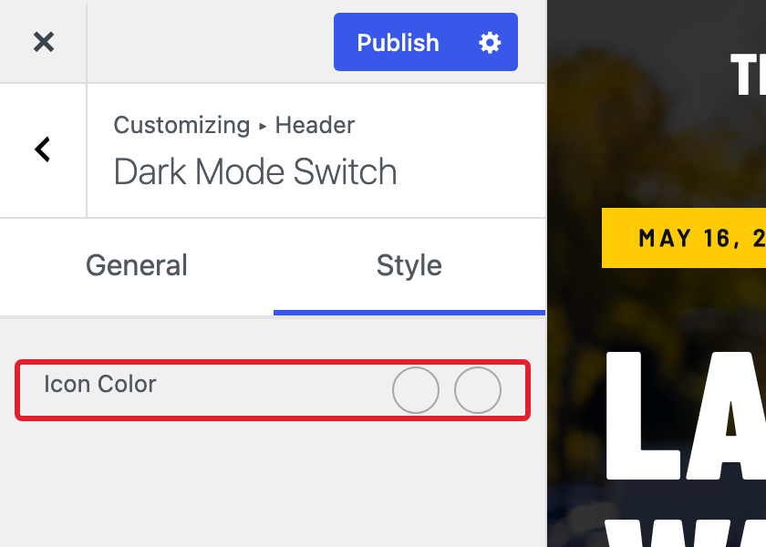 The Icon Color setting on the Style tab of the Dark Mode Switch
