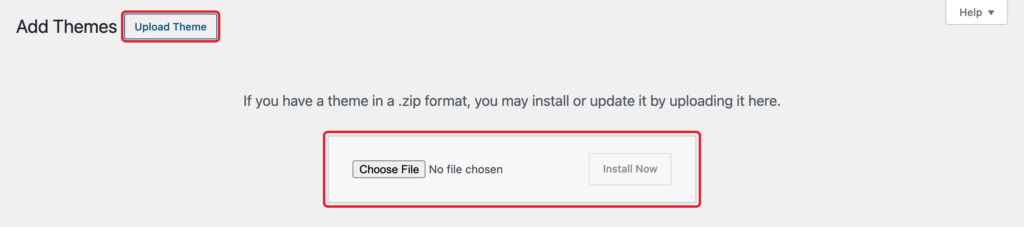The Upload Theme button and the theme zip upload form on the Add Themes page