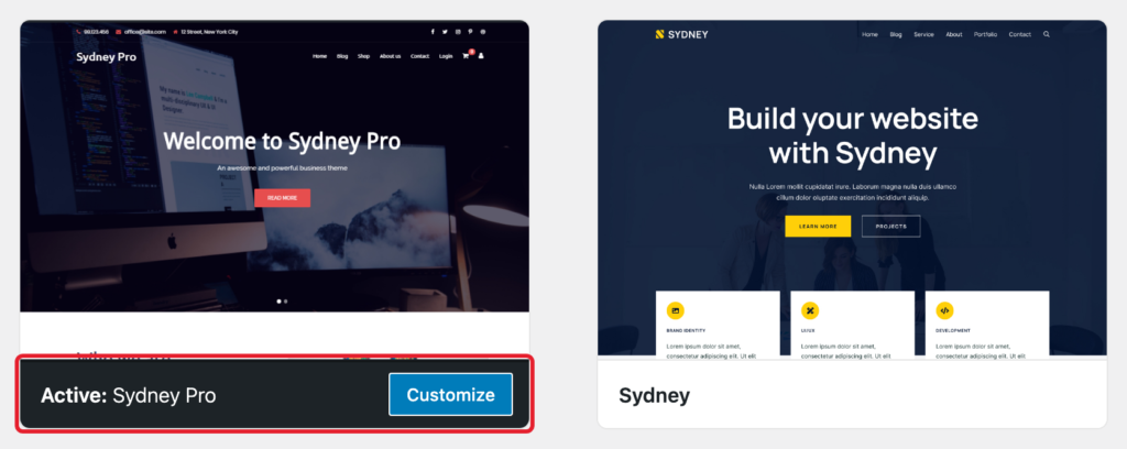 Sydney Pro shown as the active theme in Appearance » Themes, next to Sydney