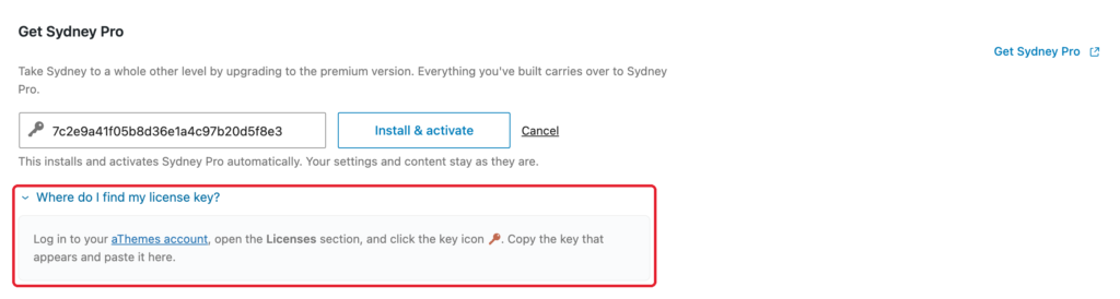 The Where do I find my license key? instructions below the license key field in the Get Sydney Pro card